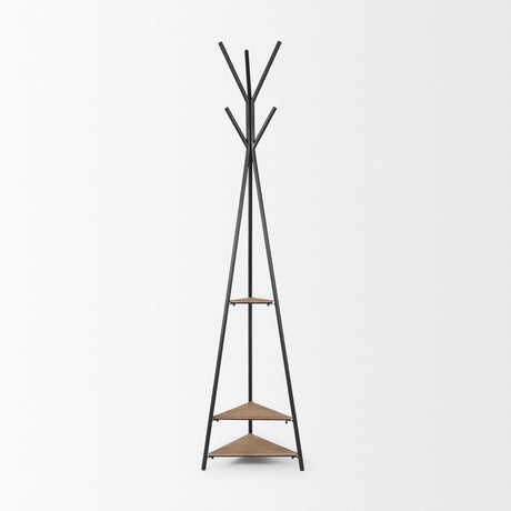 Everett Matte Black Metal w/ Two Wood Shelves Coat Rack by Mercana at Eve Furniture
