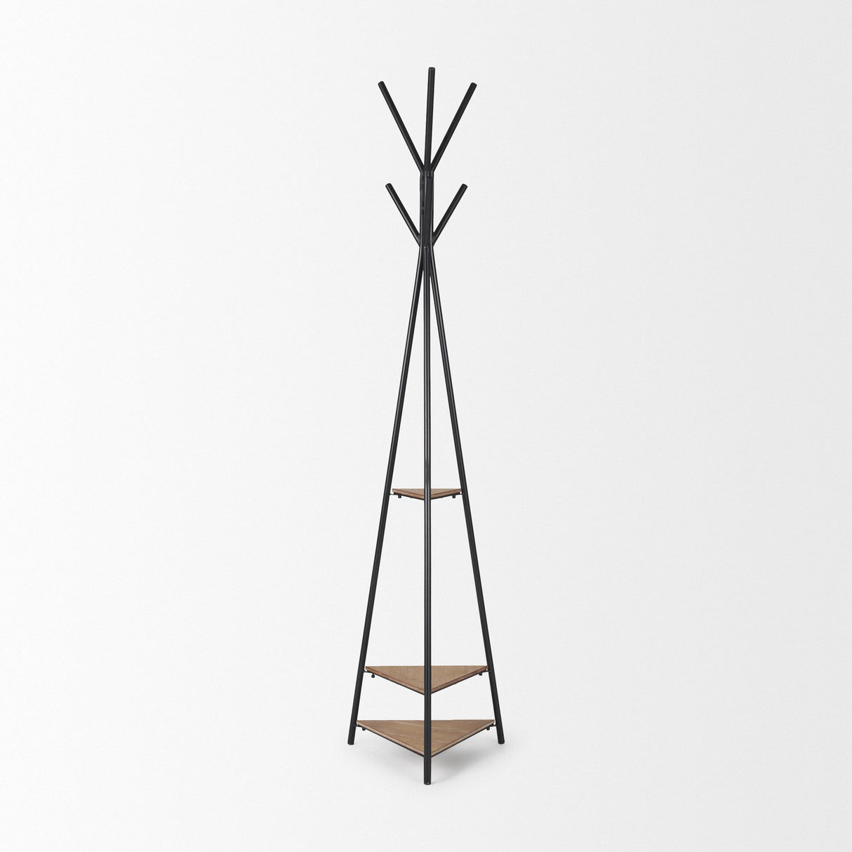 Everett Matte Black Metal w/ Two Wood Shelves Coat Rack by Mercana at Eve Furniture