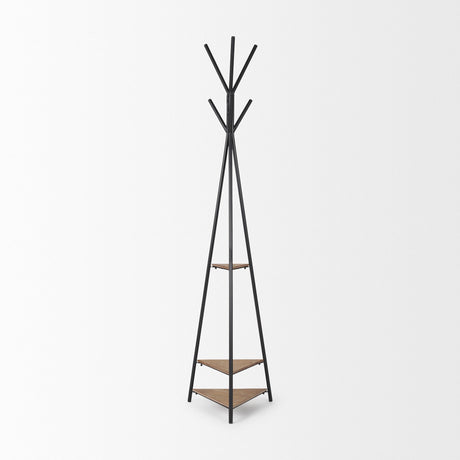 Everett Matte Black Metal w/ Two Wood Shelves Coat Rack by Mercana at Eve Furniture