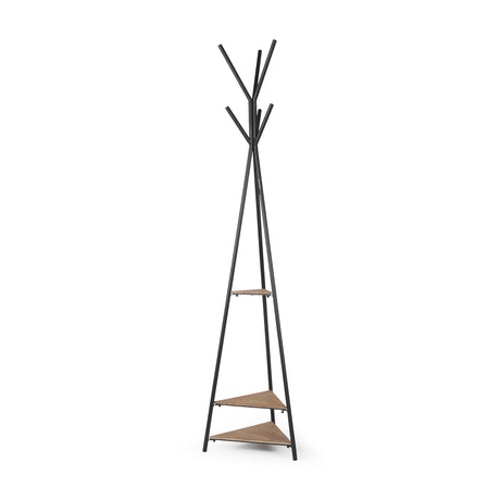 Everett Matte Black Metal w/ Two Wood Shelves Coat Rack by Mercana at Eve Furniture