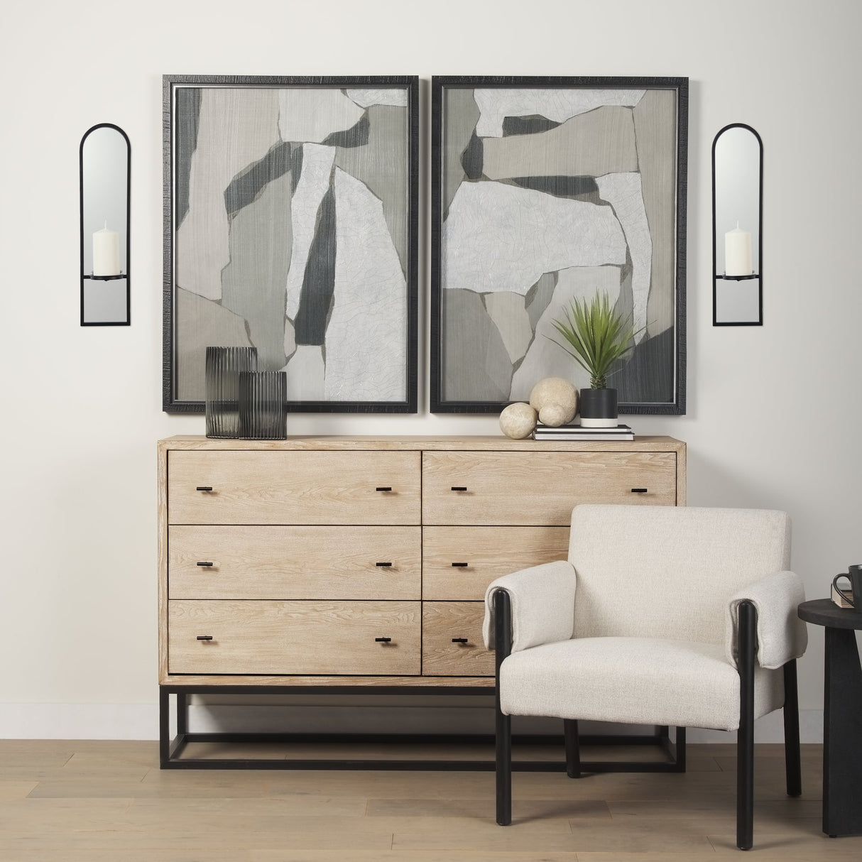 Evianna 7L x 7W x 25H Mirrored W/Black Metal Frame Wall Candle Holder by Mercana at Eve Furniture