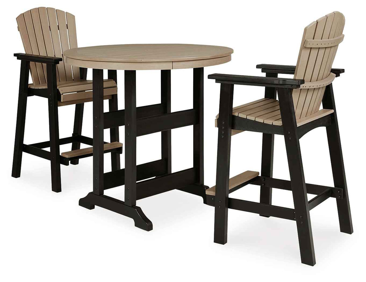 Fairen Trail Black/Driftwood Outdoor Counter Height Dining Table with 2 Barstools by Ashley at Eve Furniture