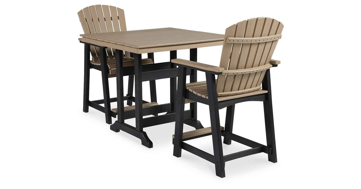 Fairen Trail Black/Driftwood Outdoor Counter Height Dining Table with 2 Barstools by Ashley at Eve Furniture