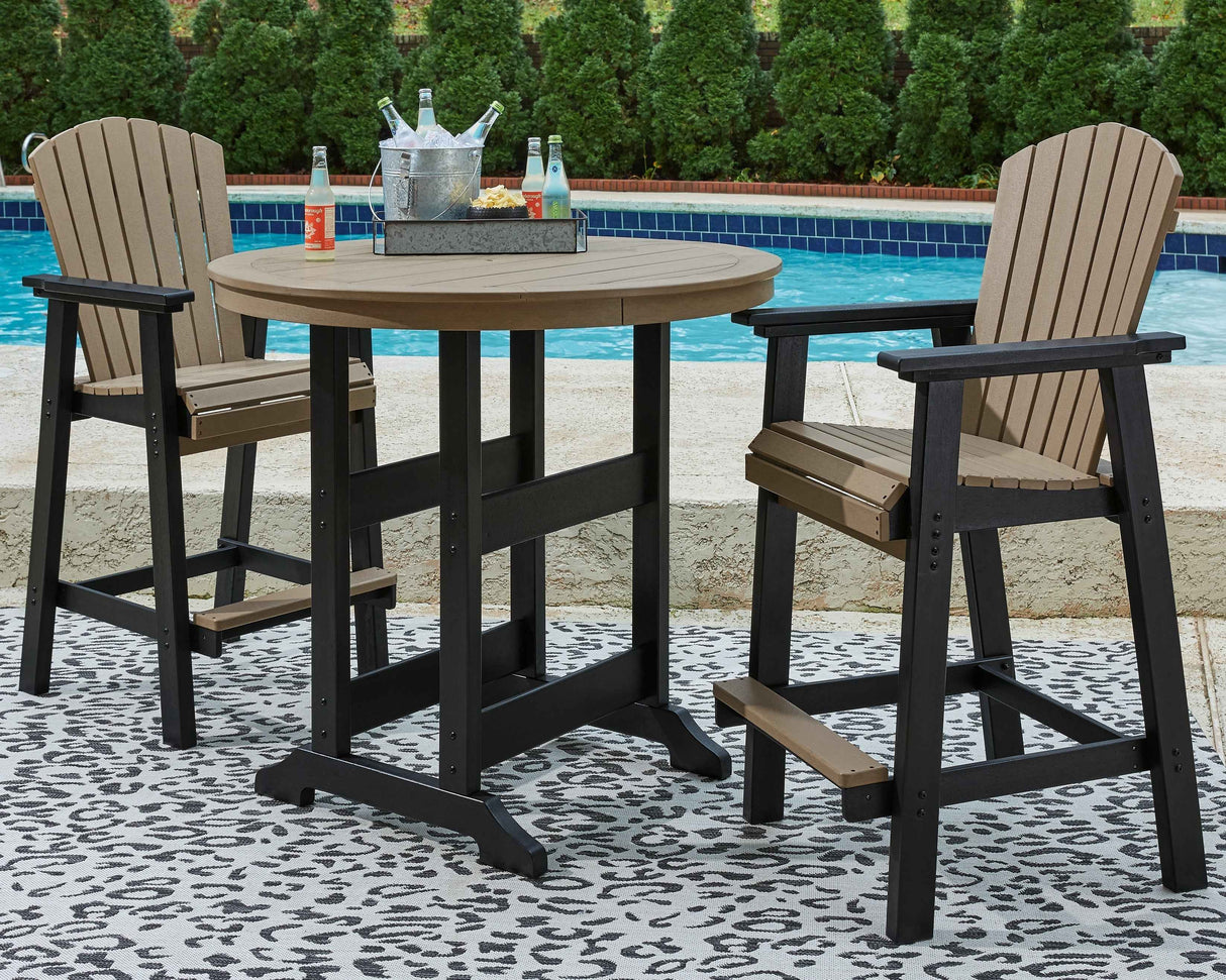 Fairen Trail Black/Driftwood Outdoor Counter Height Dining Table with 2 Barstools by Ashley at Eve Furniture