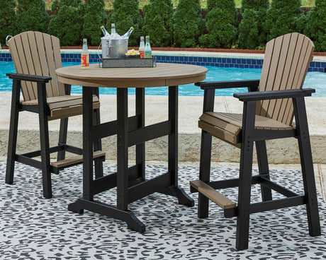 Fairen Trail Black/Driftwood Outdoor Counter Height Dining Table with 2 Barstools by Ashley at Eve Furniture