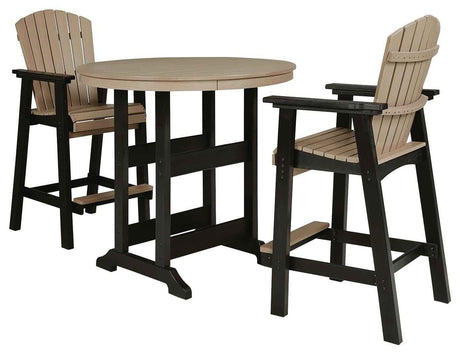 Fairen Trail Black/Driftwood Outdoor Counter Height Dining Table with 2 Barstools by Ashley at Eve Furniture