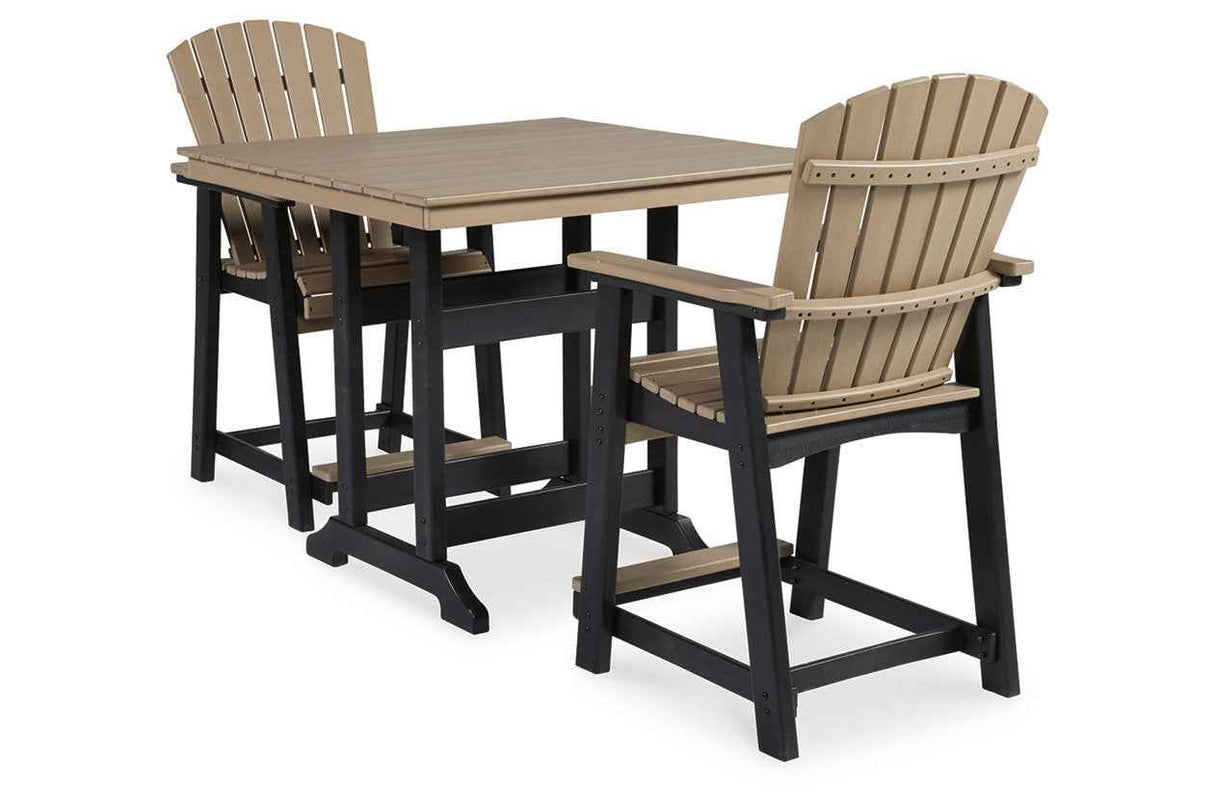 Fairen Trail Black/Driftwood Outdoor Counter Height Dining Table with 2 Barstools by Ashley at Eve Furniture