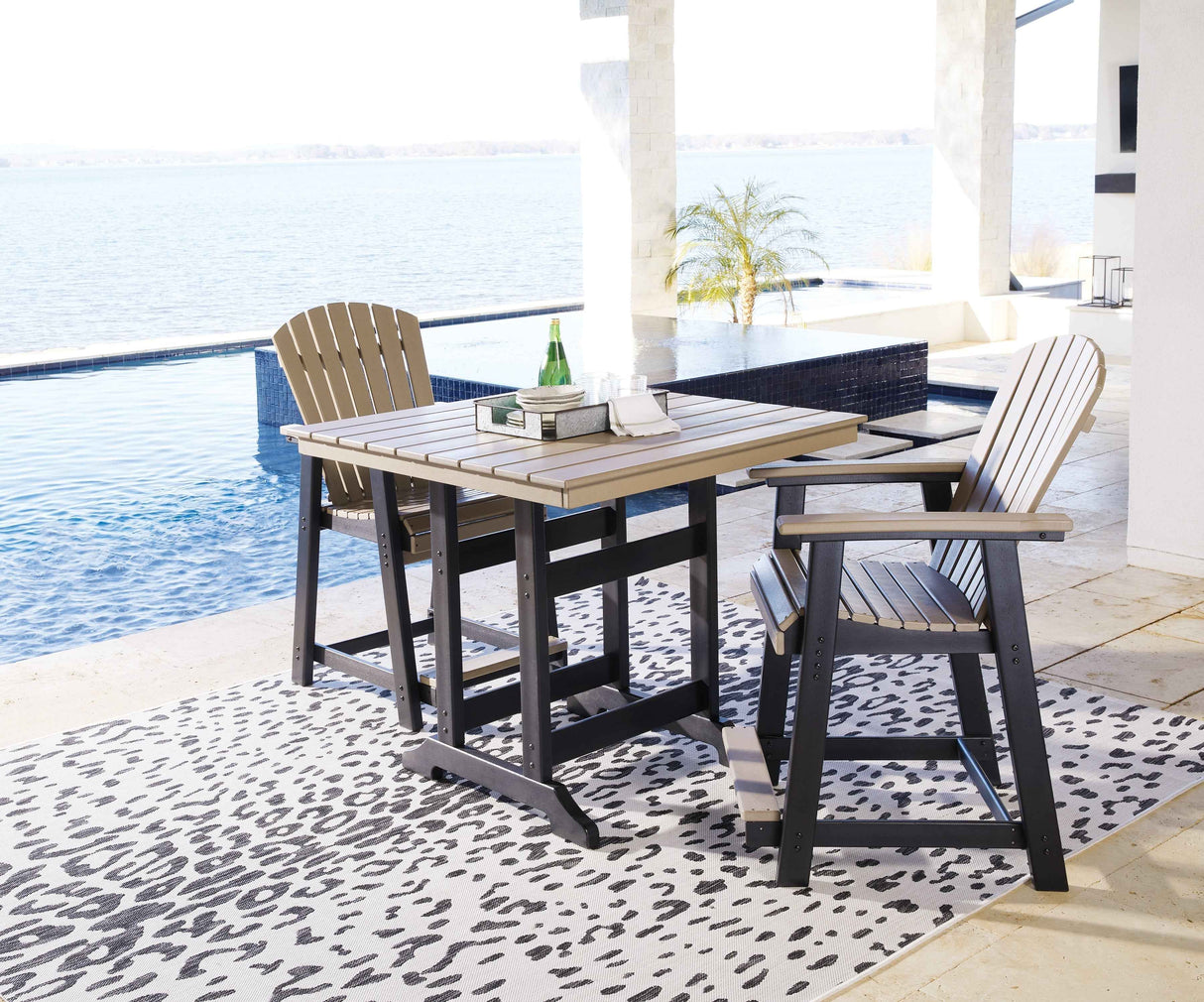 Fairen Trail Black/Driftwood Outdoor Counter Height Dining Table with 2 Barstools by Ashley at Eve Furniture