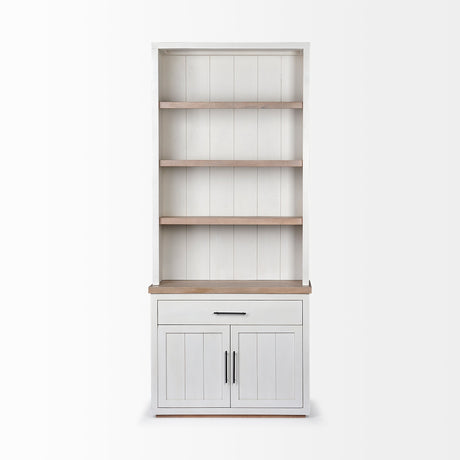 Fairview I White and Medium Brown Wood Three Shelf Shelving Unit by Mercana at Eve Furniture