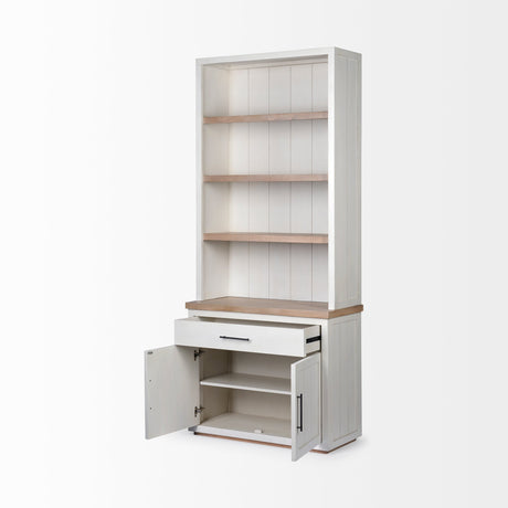 Fairview I White and Medium Brown Wood Three Shelf Shelving Unit by Mercana at Eve Furniture