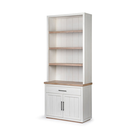 Fairview I White and Medium Brown Wood Three Shelf Shelving Unit by Mercana at Eve Furniture