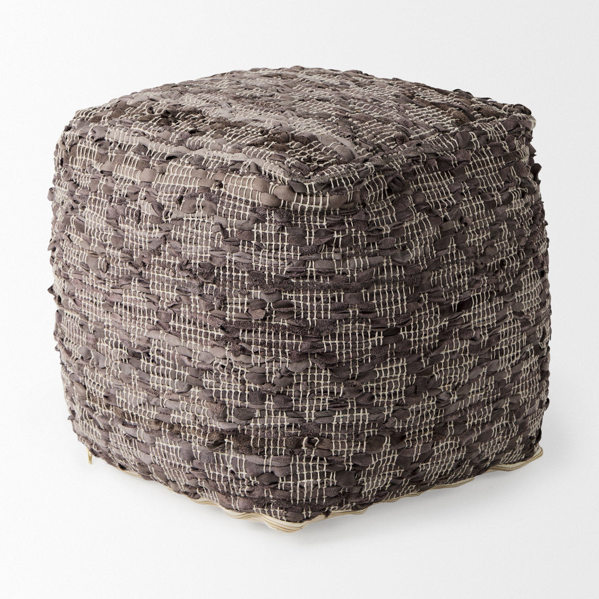 Falguni 16.0L x 16.0W x 16.0H Gray Leather and Cotton Patterned Pouf by Mercana at Eve Furniture