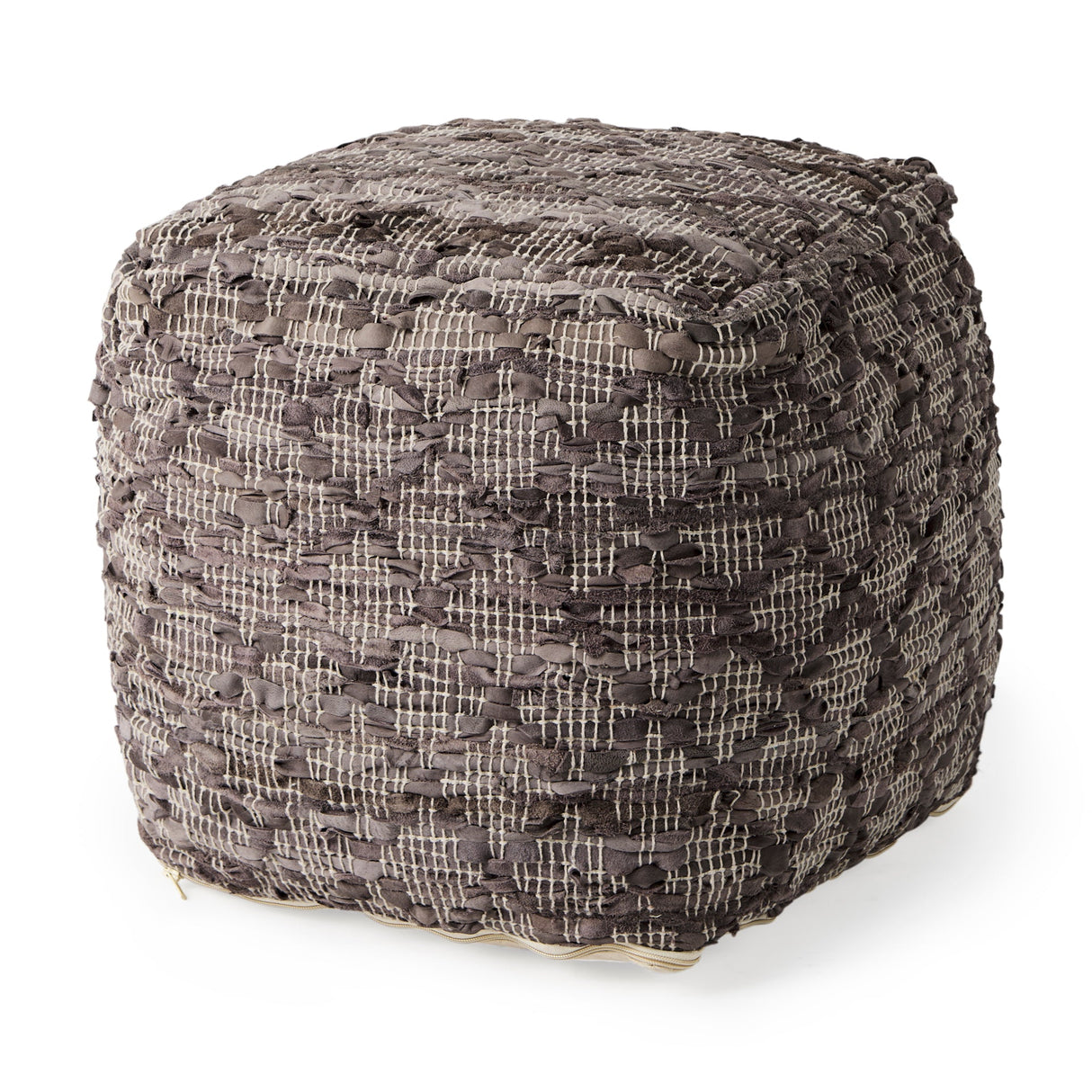 Falguni 16.0L x 16.0W x 16.0H Gray Leather and Cotton Patterned Pouf by Mercana at Eve Furniture