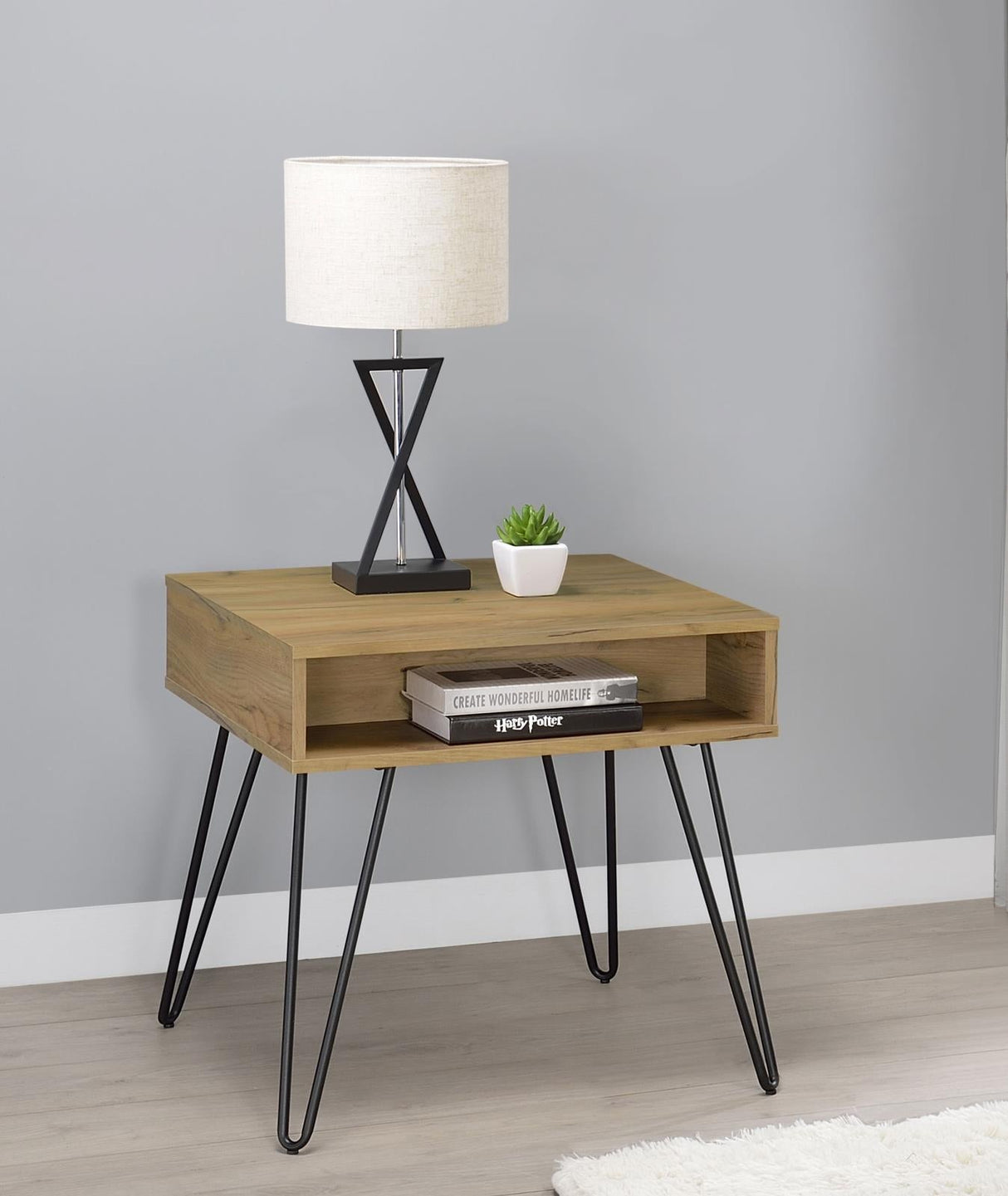 Fanning Square End Table with Open Compartment Golden Oak/Black