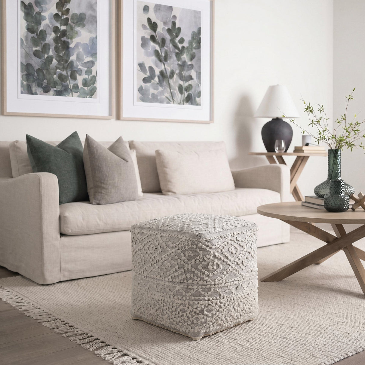 Farida Light Gray Wool and Polyester Patterned Pouf by Mercana at Eve Furniture