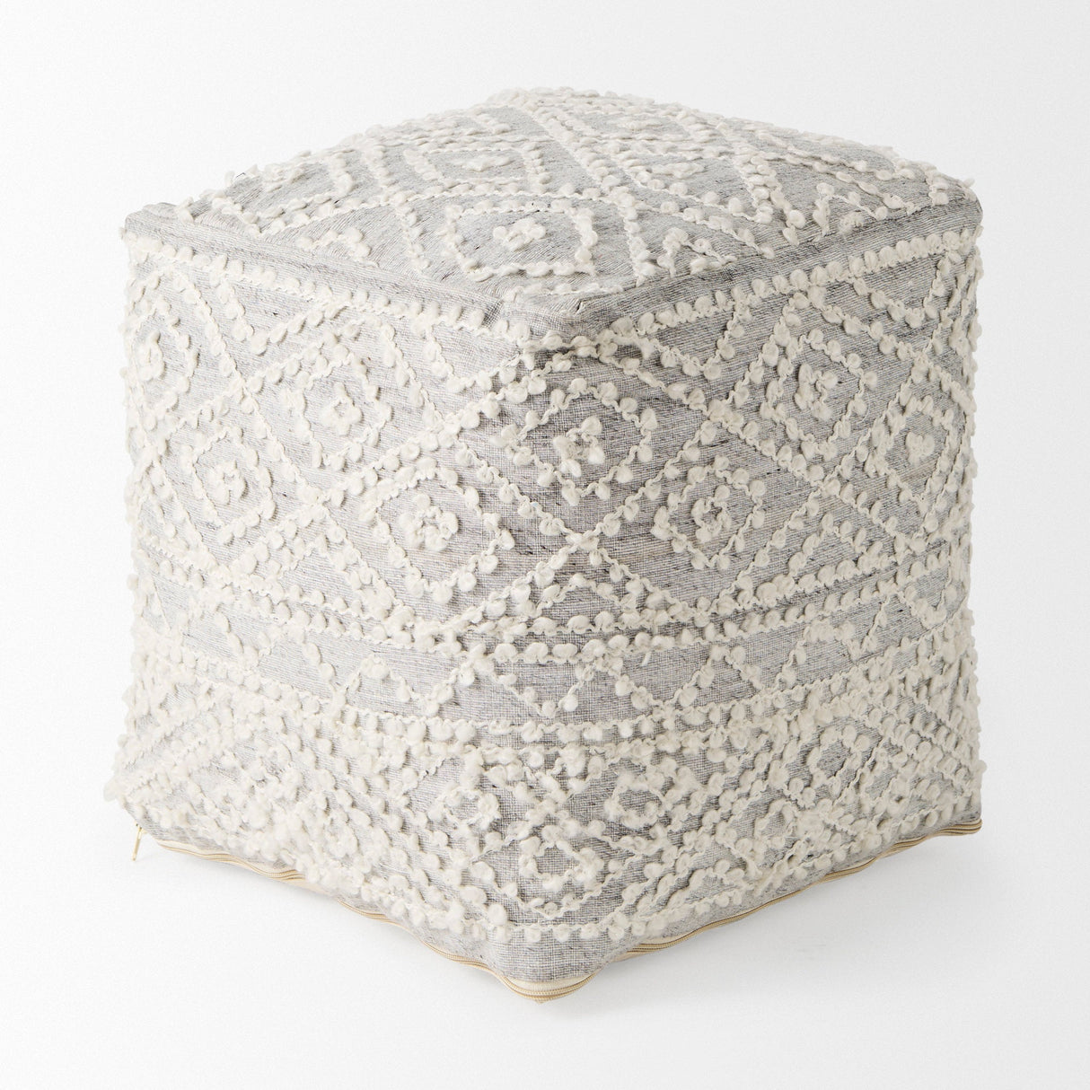 Farida Light Gray Wool and Polyester Patterned Pouf by Mercana at Eve Furniture