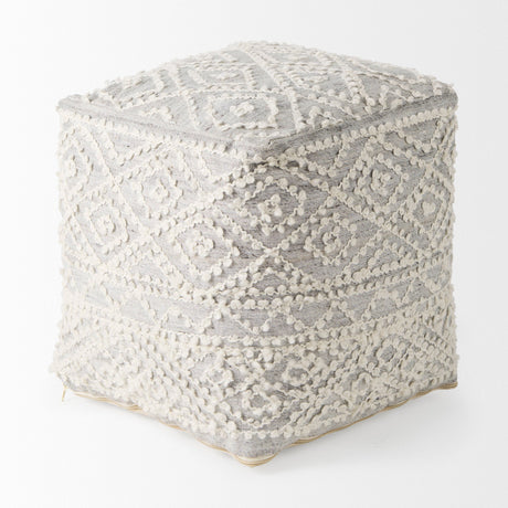 Farida Light Gray Wool and Polyester Patterned Pouf by Mercana at Eve Furniture