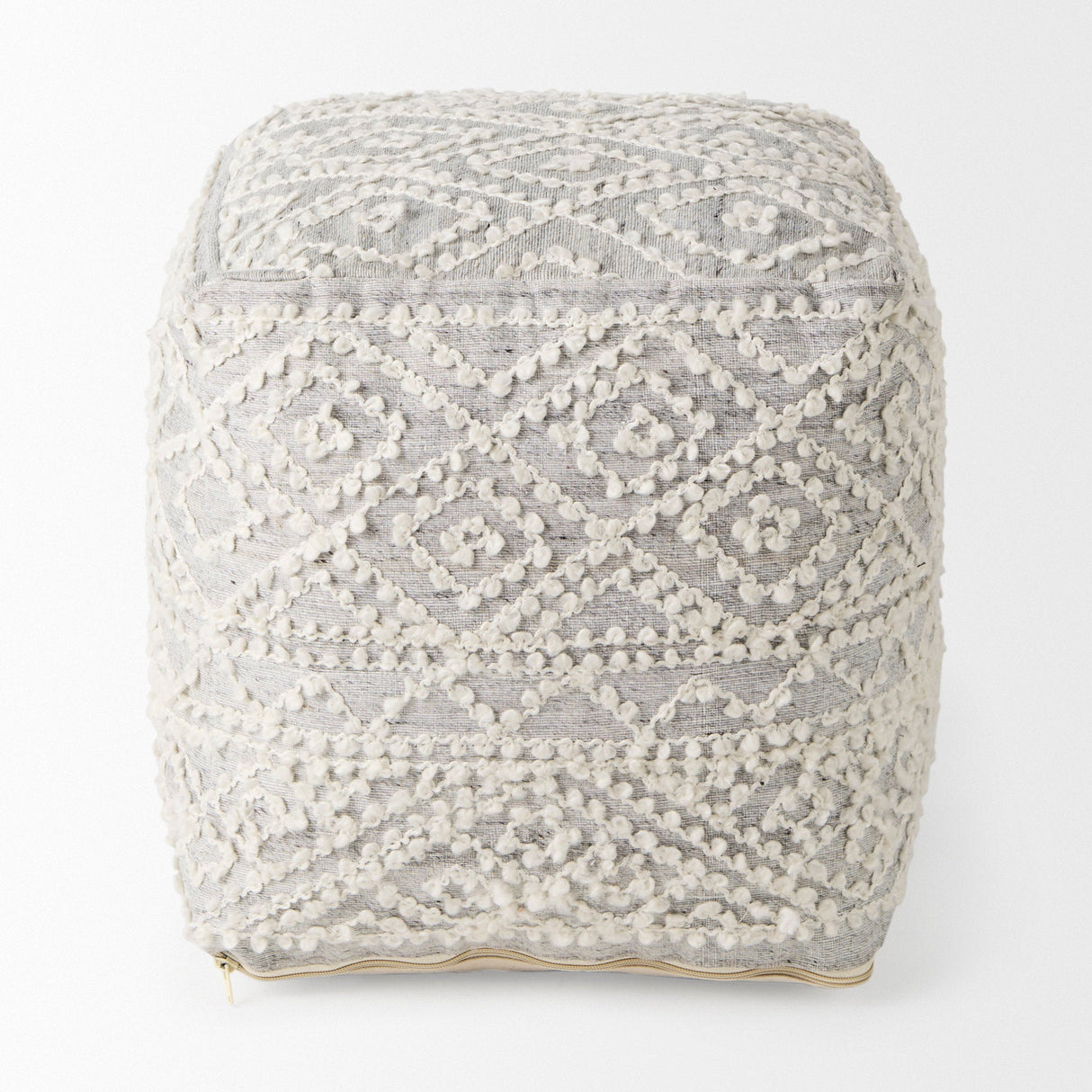Farida Light Gray Wool and Polyester Patterned Pouf by Mercana at Eve Furniture