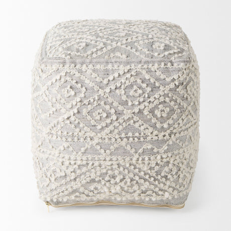 Farida Light Gray Wool and Polyester Patterned Pouf by Mercana at Eve Furniture