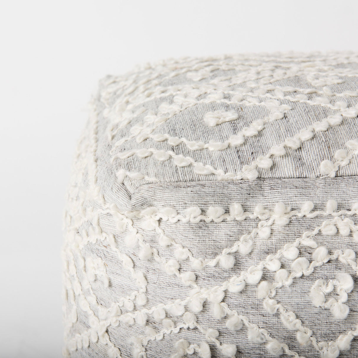 Farida Light Gray Wool and Polyester Patterned Pouf by Mercana at Eve Furniture