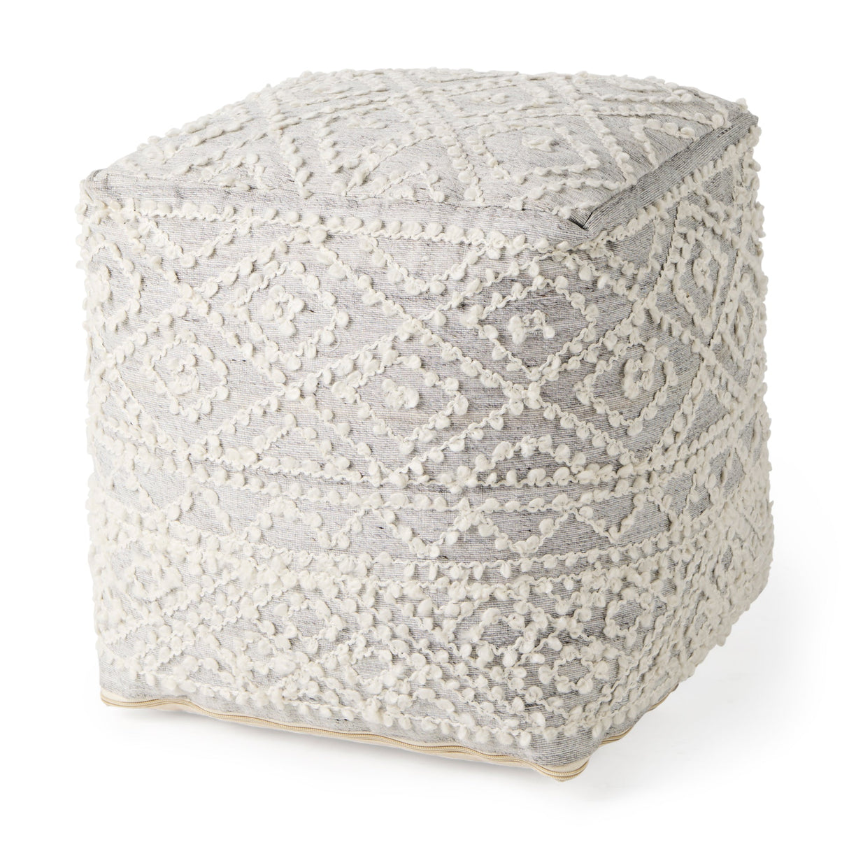 Farida Light Gray Wool and Polyester Patterned Pouf by Mercana at Eve Furniture