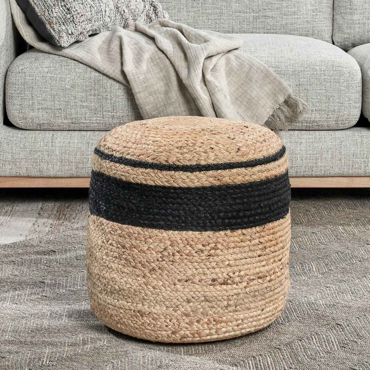 Faro Jute Beige Natural/Black Pouf by Classic Home at Eve Furniture