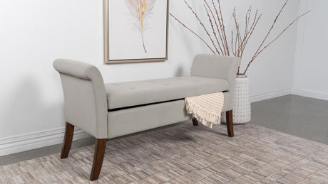 Farrah Beige and Brown Upholstered Rolled Arms Storage Bench by Coaster at Eve Furniture