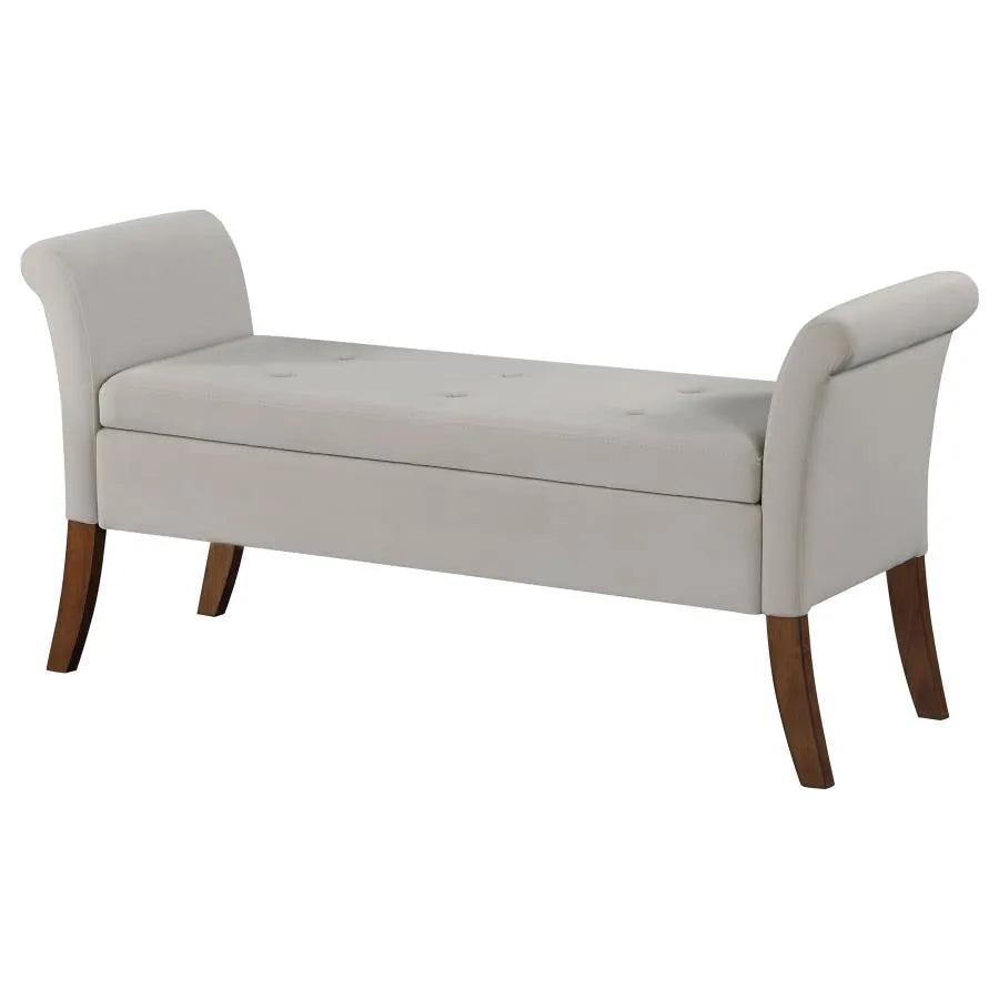 Farrah Beige and Brown Upholstered Rolled Arms Storage Bench by Coaster at Eve Furniture