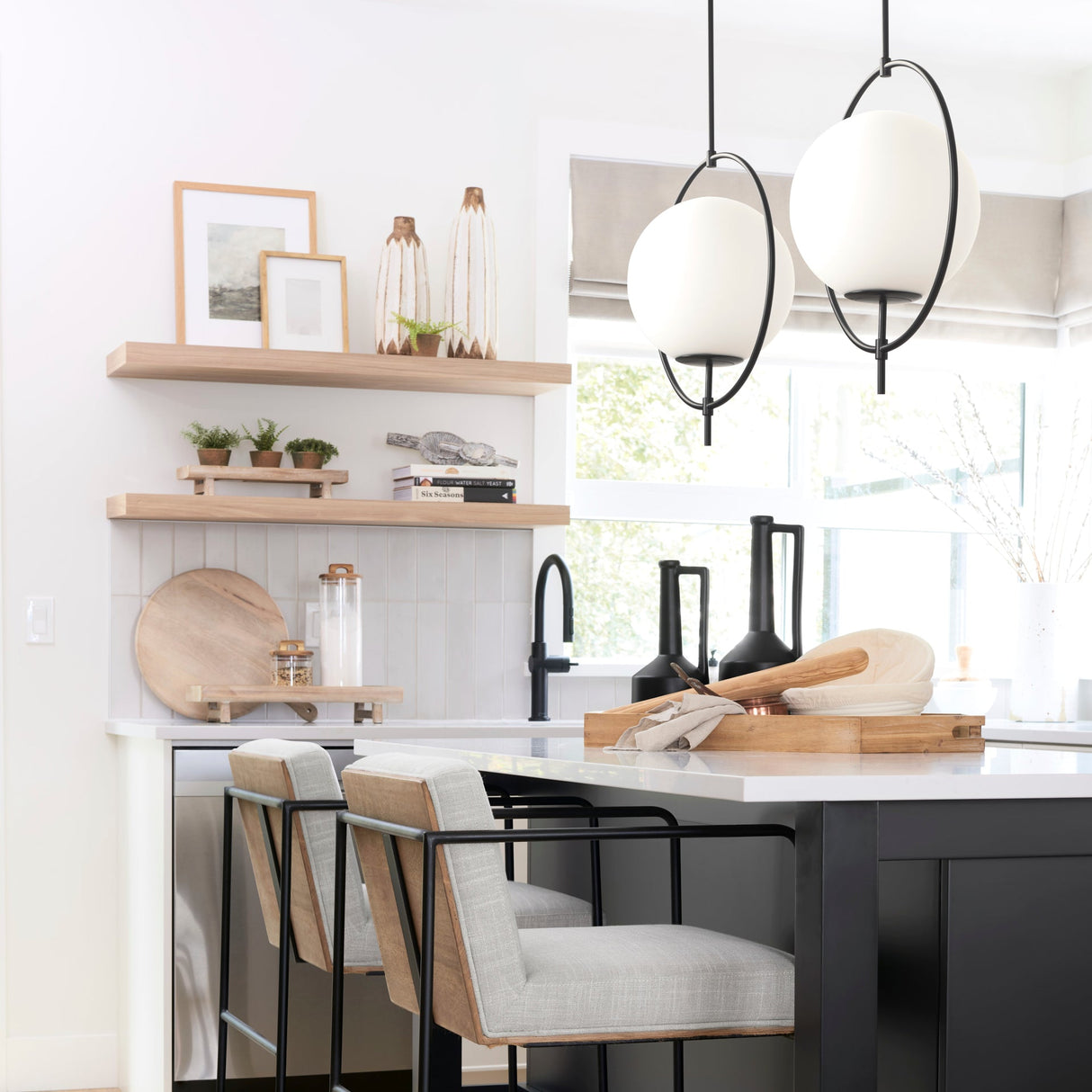 Farrah Frosted Glass Globe set in Matte Black Metal Pendant Ceiling Light by Mercana at Eve Furniture