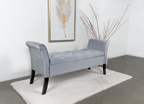 Farrah Silver and Black Upholstered Rolled Arms Storage Bench by Coaster at Eve Furniture