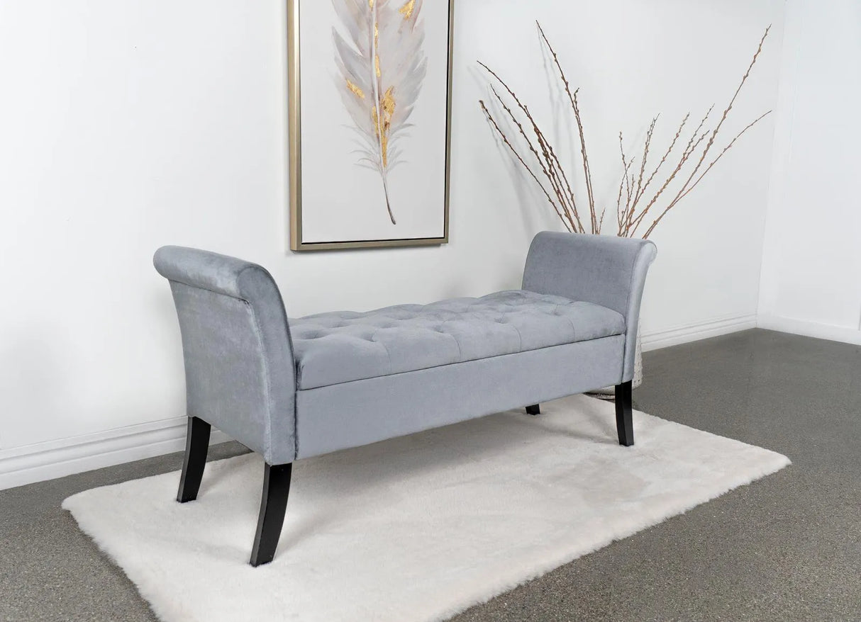 Farrah Silver and Black Upholstered Rolled Arms Storage Bench by Coaster at Eve Furniture