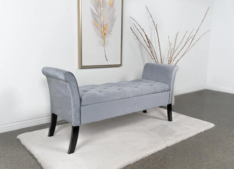 Farrah Silver and Black Upholstered Rolled Arms Storage Bench by Coaster at Eve Furniture