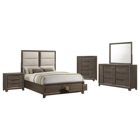 Farre Dark Brown / Beige 5-Piece Queen Upholstered Storage Bedroom Set by Coaster at Eve Furniture