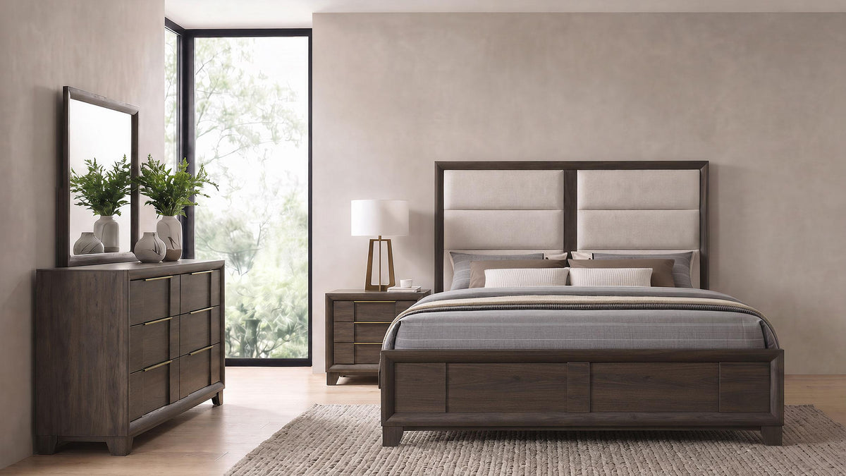 Farre Dark Brown/Beige 4-Piece Eastern King Upholstered Bedroom Set by Coaster at Eve Furniture