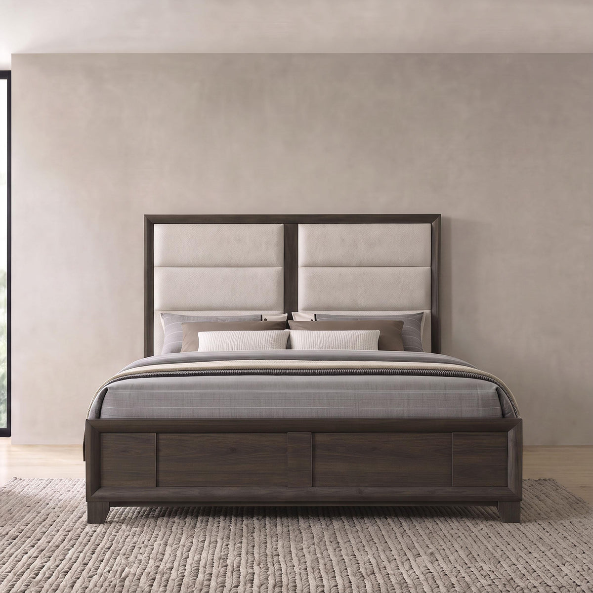 Farre Dark Brown/Beige Eastern King Upholstered Platform Panel Bed by Coaster at Eve Furniture