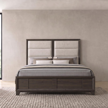 Farre Dark Brown/Beige Eastern King Upholstered Platform Panel Bed by Coaster at Eve Furniture