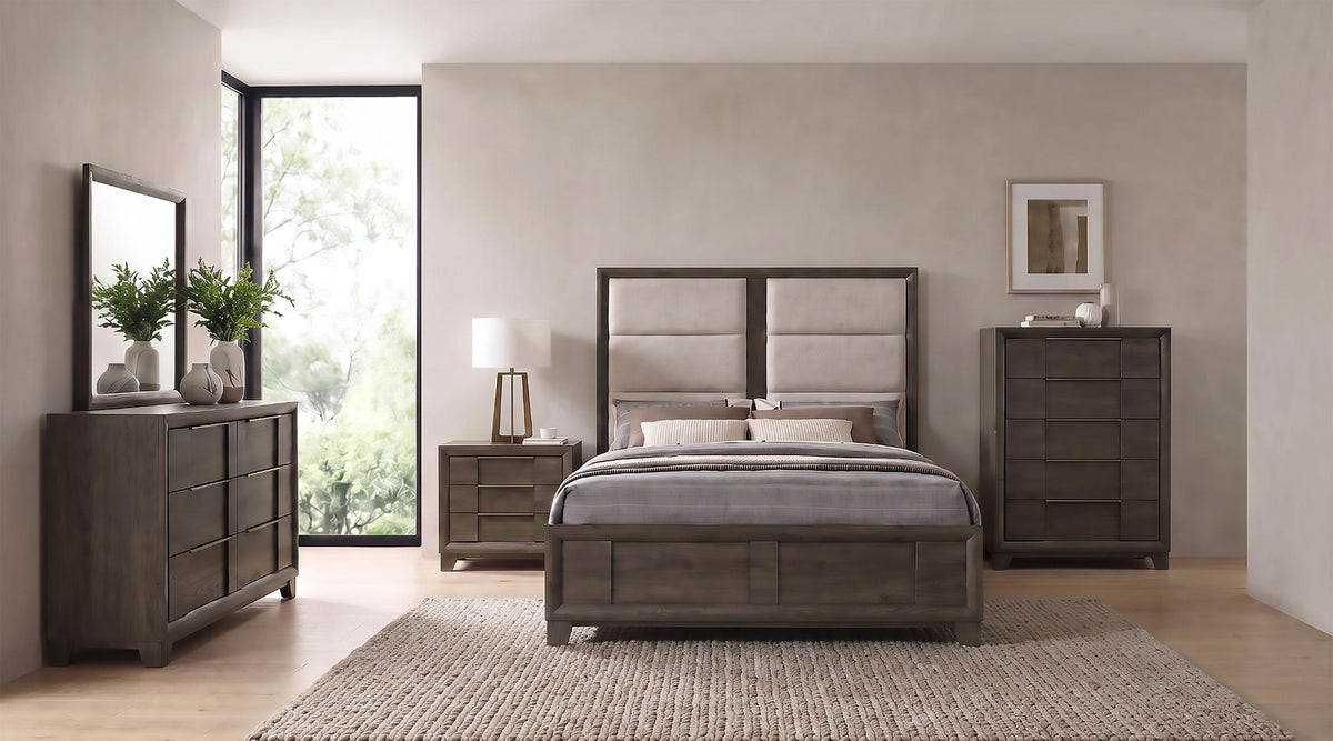 Farre Dark Brown/Beige Eastern King Upholstered Platform Panel Bed by Coaster at Eve Furniture