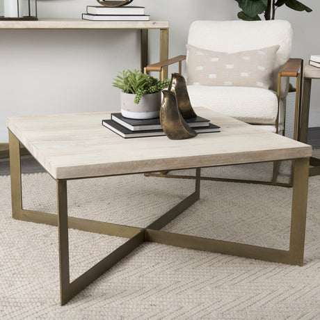 Faye Beige Finished Wood W/Gold Metal Base Square Coffee Table by Mercana at Eve Furniture