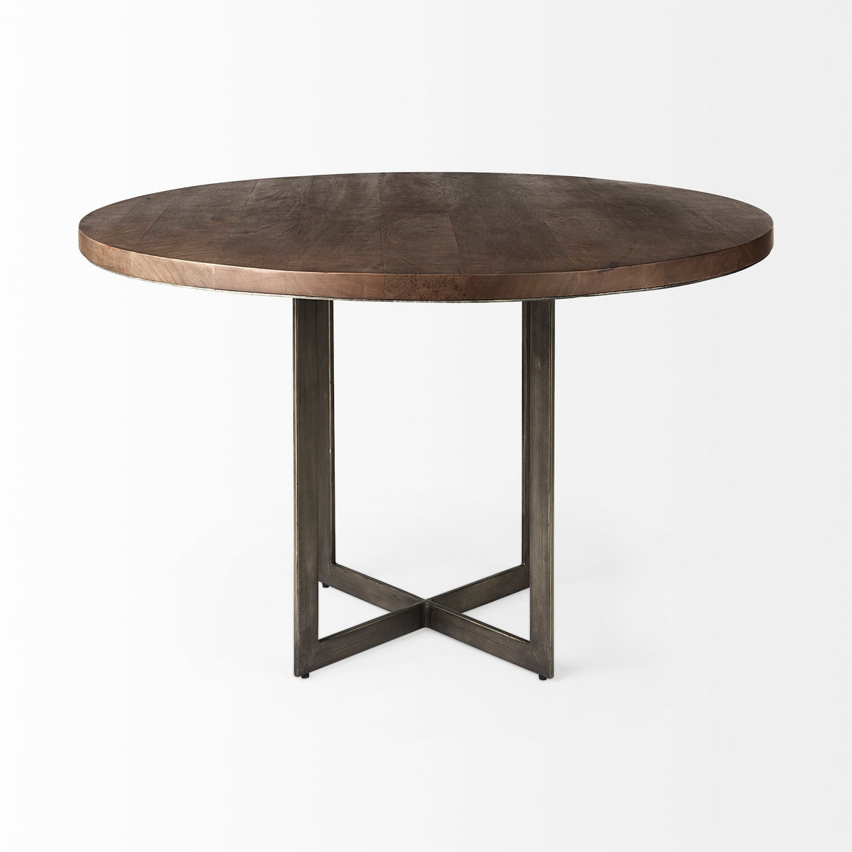 Faye I Medium Brown Wood W/Antique Nickel Metal Base Round Dining Table by Mercana at Eve Furniture