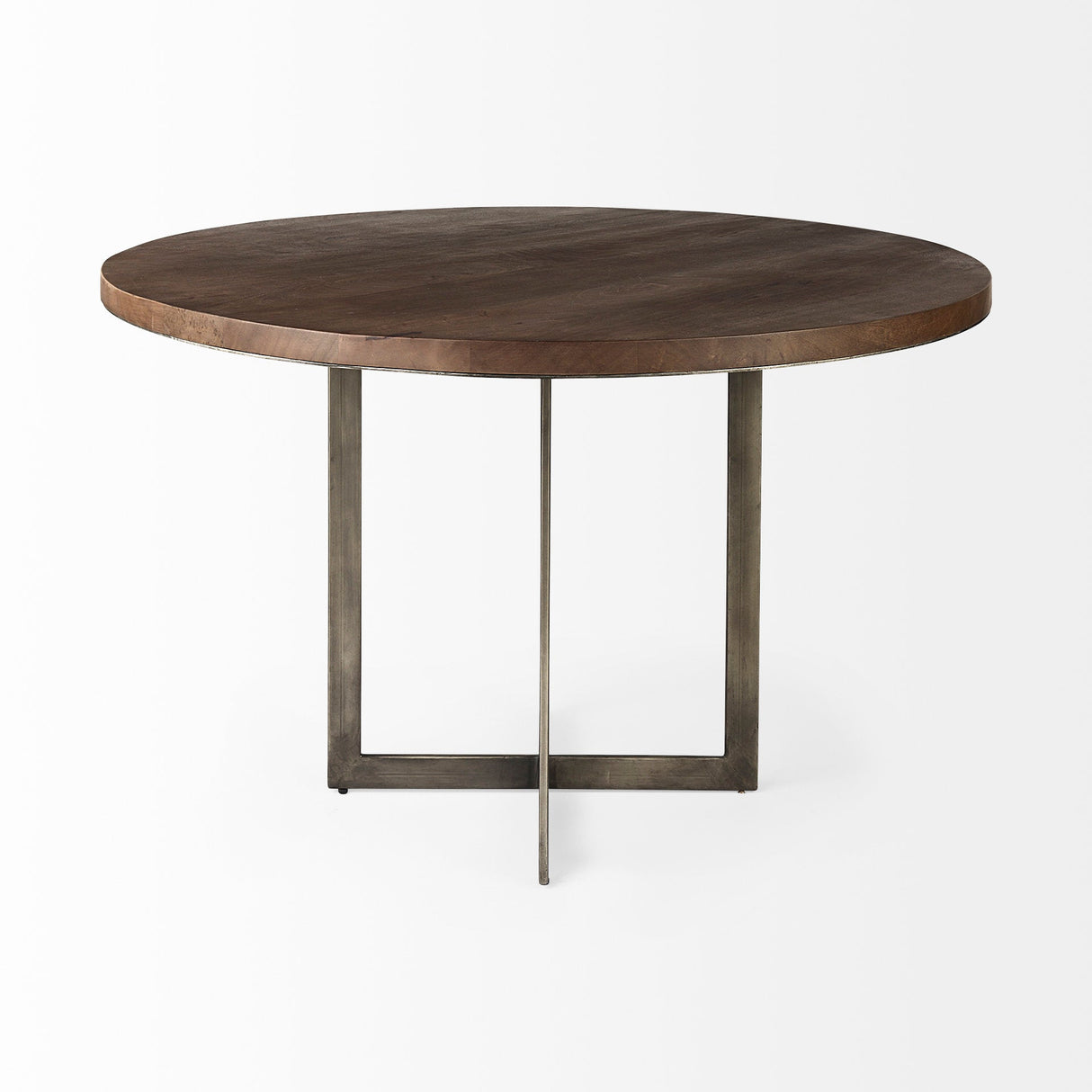 Faye I Medium Brown Wood W/Antique Nickel Metal Base Round Dining Table by Mercana at Eve Furniture