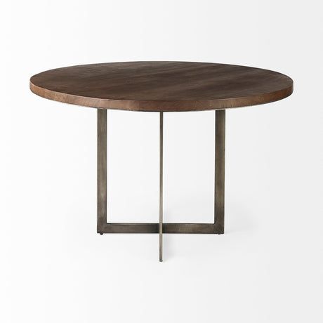 Faye I Medium Brown Wood W/Antique Nickel Metal Base Round Dining Table by Mercana at Eve Furniture
