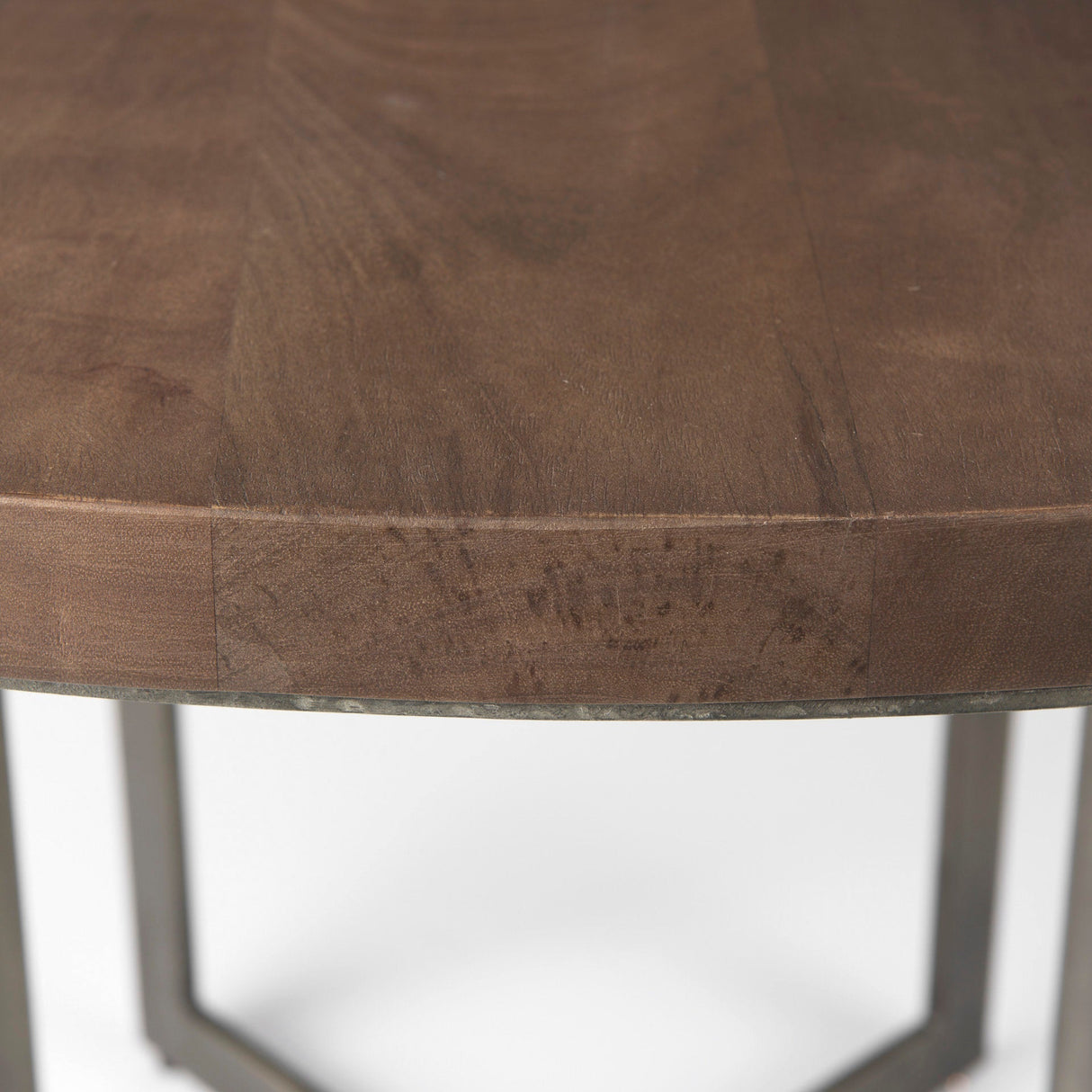 Faye I Medium Brown Wood W/Antique Nickel Metal Base Round Dining Table by Mercana at Eve Furniture