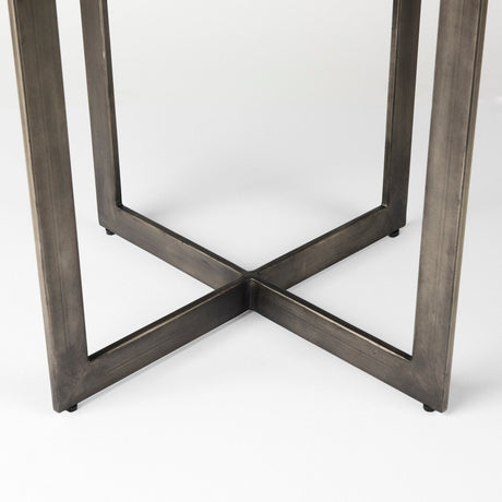 Faye I Medium Brown Wood W/Antique Nickel Metal Base Round Dining Table by Mercana at Eve Furniture