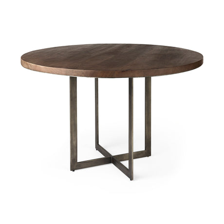 Faye I Medium Brown Wood W/Antique Nickel Metal Base Round Dining Table by Mercana at Eve Furniture