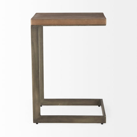 Faye Medium Brown Wood W/ Antique Nickel Finished Metal Base C Side Table by Mercana at Eve Furniture