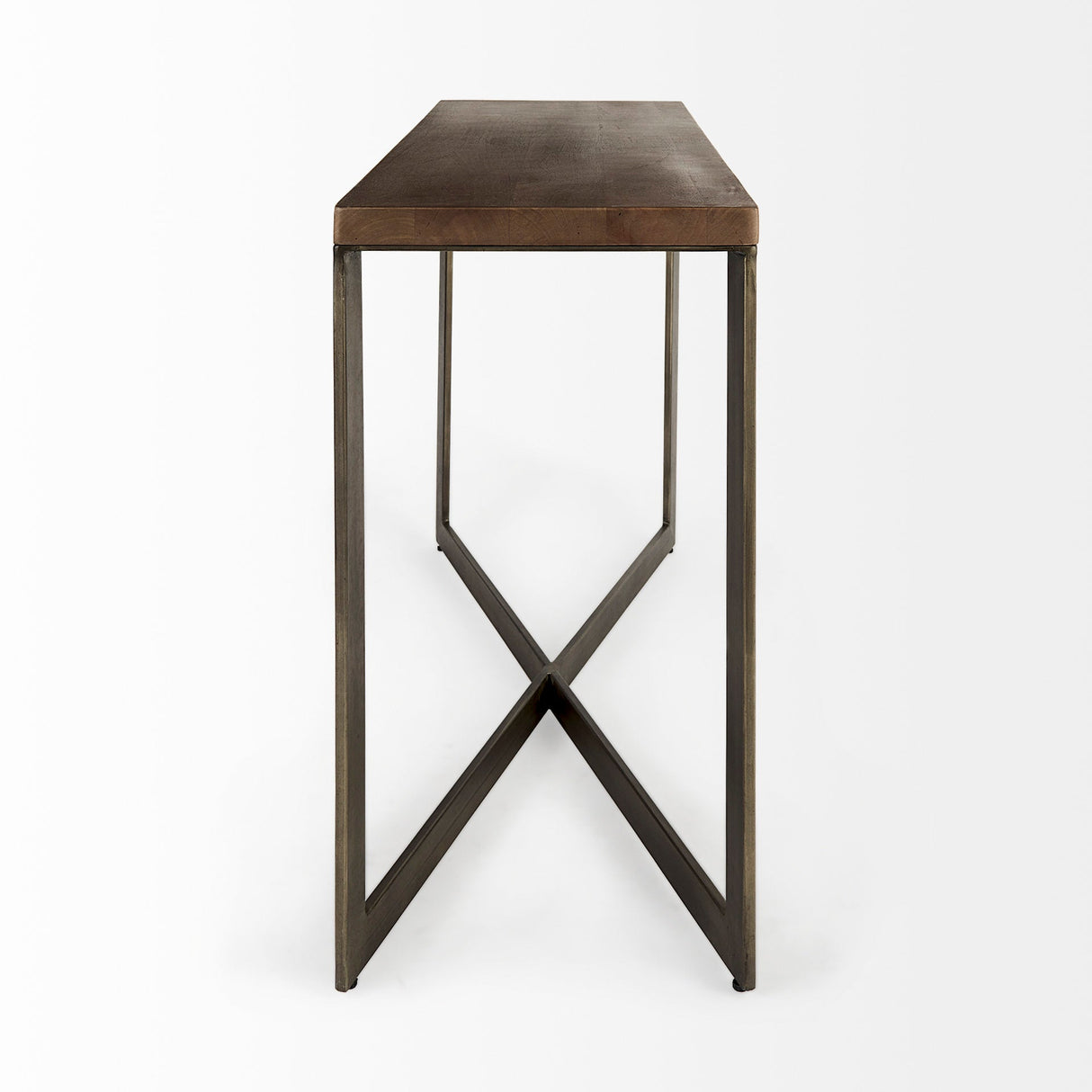 Faye Medium Brown Wood W/Antique Nickel Metal Base Console Table by Mercana at Eve Furniture