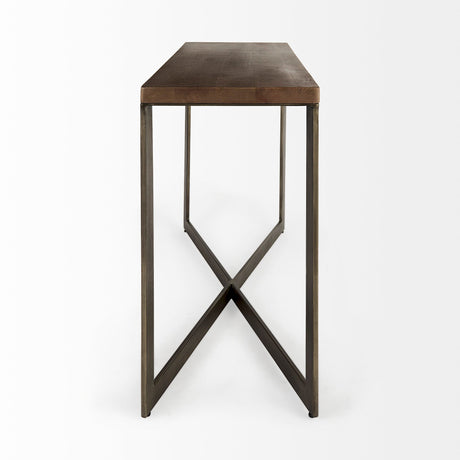 Faye Medium Brown Wood W/Antique Nickel Metal Base Console Table by Mercana at Eve Furniture