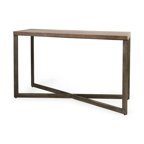 Faye Medium Brown Wood W/Antique Nickel Metal Base Console Table by Mercana at Eve Furniture