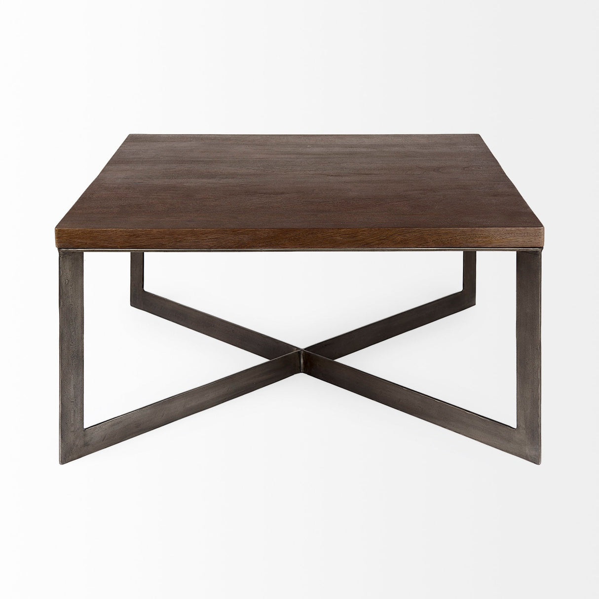 Faye Medium Brown Wood W/Antique Nickel Metal Base Square Coffee Table by Mercana at Eve Furniture