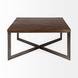Faye Medium Brown Wood W/Antique Nickel Metal Base Square Coffee Table by Mercana at Eve Furniture